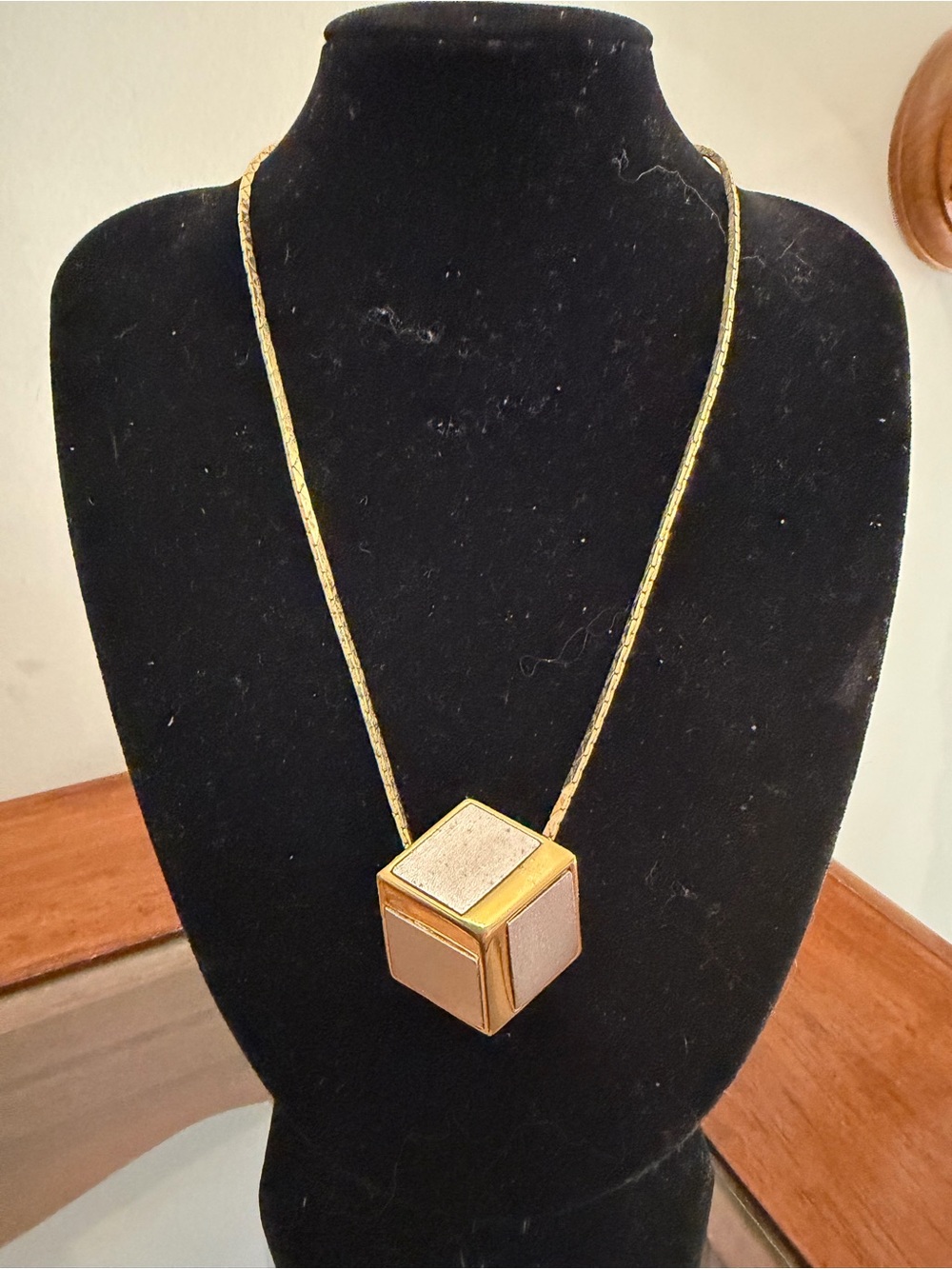 Givenchy Vintage 1980 Gold and Silver tone Cube Pendant Necklace Signed Rare